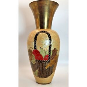 Vintage Enamel on‎ Brass Vase w/ Removable Neck Fruit Basket Design Hand Made